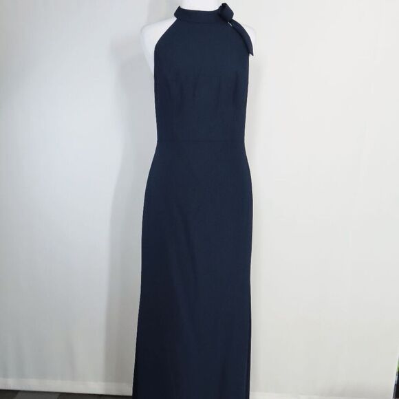 After Six Style 6827 Midnight Navy Crepe Bow-Neck Open-Back Trumpet Gown 14 - Picture 4 of 12
